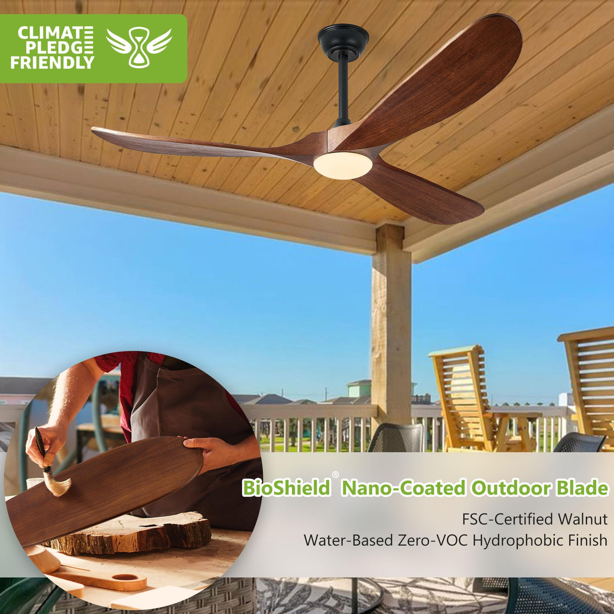 Haipeel 52 Inch Outdoor Ceiling Fans with Lights, Dimmable Solid Wood Ceiling Fan with Light and Remote Control Modern 3 Blades Propeller Ceiling Fans DC Motor for Patios Indoor Bedroom, Dark Walnut Haipeel