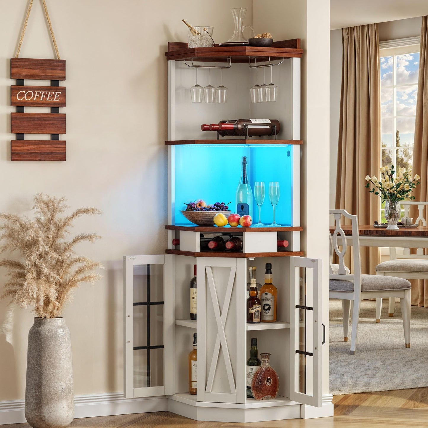 DWVO Corner Bar Cabinet with Glass Door & LED Lights, 72" Tall Farmhouse Liquor Cabinet Bar with Glass & Wine Holder, 6-Tiers Alcohol Cabinet for Dining Room, Living Room, Kitchen,White - WoodArtSupply