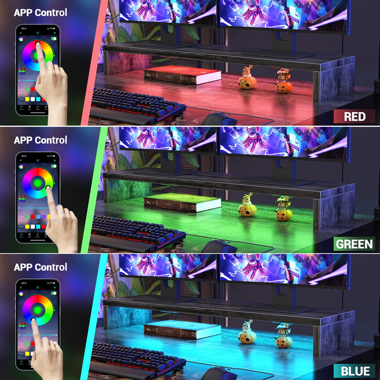 armocity Computer Desk with LED Lights, 48 Inch Reversible Large Desk with Power Outlet and USB, 48'' Gaming PC Table with Moveable Monitor Stand for Home Office, Workstation, Grey and Black armocity