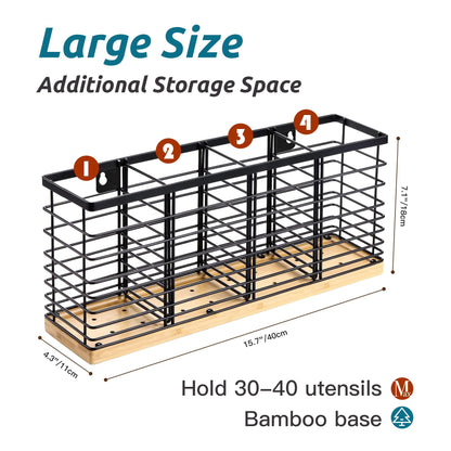 Suli Extra Large Kitchen Utensil Holder with 4 Compartments，Matte Black Metal holder with Wooden Base for Kitchen Countertop，Farmhouse Cooking Utensil Storage, Rustic Cooking Utensil