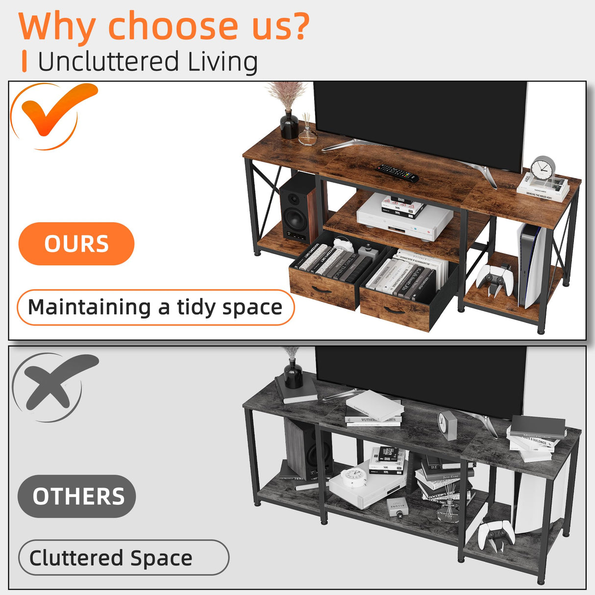 GYIIYUO TV Stand with Fabric Drawers for 65 70 75 Inches TV - Entertainment Center and Industrial TV Console Table with Open Storage Shelves for Living Room, Bedroom - 63" Rustic Brown GYIIYUO