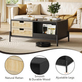 GAOMON Modern Coffee Table, 39.4" Rectangular Coffee Table with Nature Rattan Drawers and Storage Shelves, Funky Center Table with Led Lights, Black Cocktail Table for Living Room Apartment GAOMON