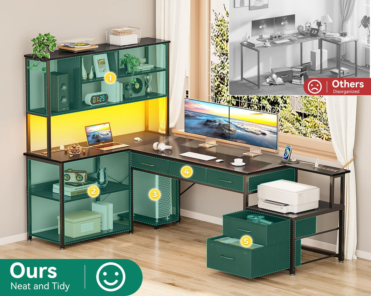 AODK 79 inch L Shaped Desk with File Drawers, Reversible L Shaped Gaming Desk with Power Outlets & LED Lights, Computer Desk with Storage Shelves for Home Office, Black AODK