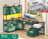 AODK 79 inch L Shaped Desk with File Drawers, Reversible L Shaped Gaming Desk with Power Outlets & LED Lights, Computer Desk with Storage Shelves for Home Office, Black AODK