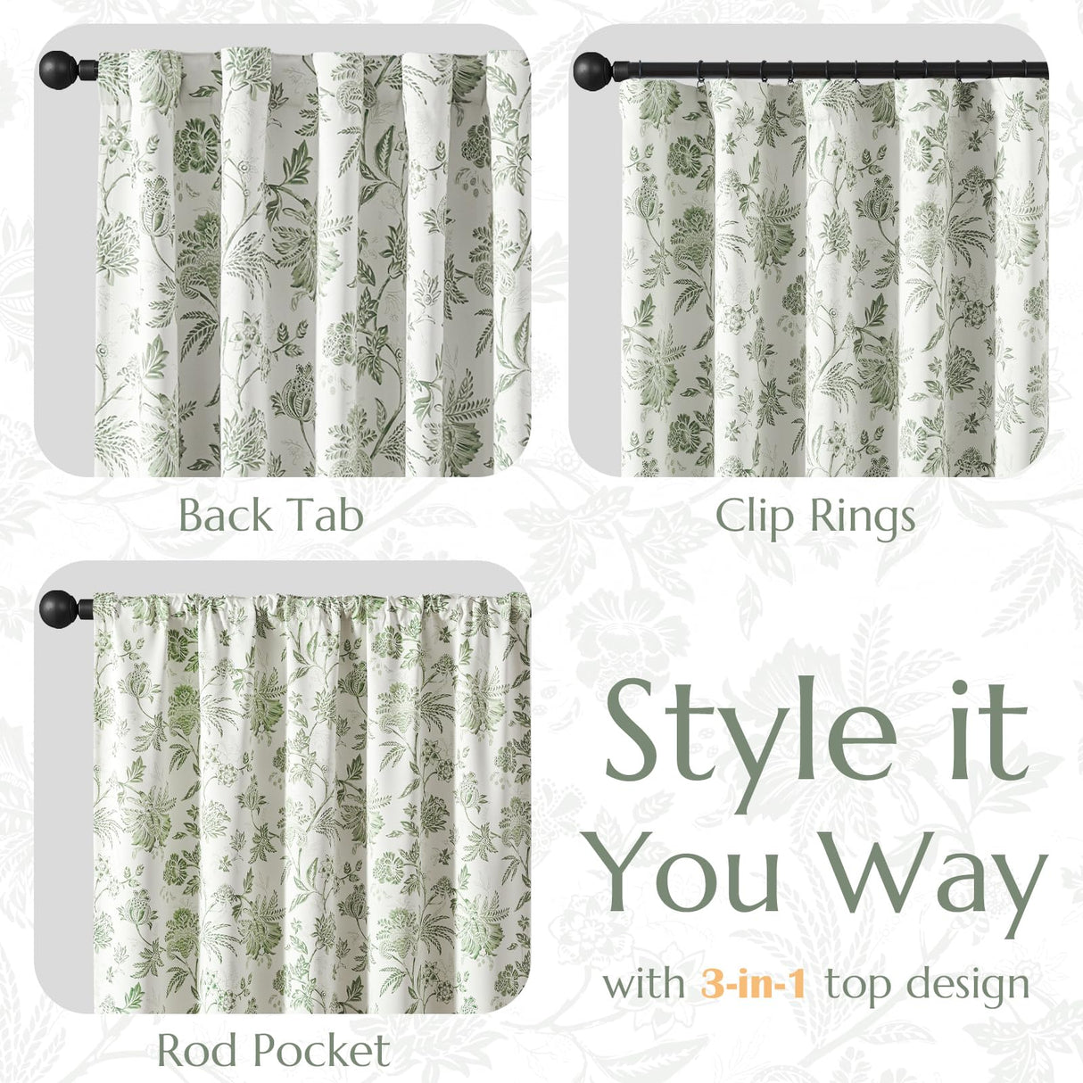 jinchan 100% Blackout Floral Curtains for Bedroom, 108 Inches Long Printed Flower Black Out Curtains, Extra Long Back Tab Sage Green Window Treatment Farmhouse Drapes Set 2 Panels Green jinchan