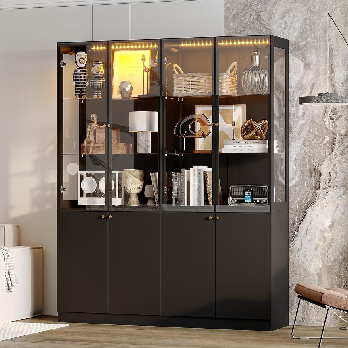 Timechee Large Glass LED Book Shelf, Tall Black Bookcase Storage Cabinet with Tempered Glass Doors and Shelves, Lighted Display Cabinet for Collections, Modern Wide Bookshelf for Living Room, Bedroom Timechee