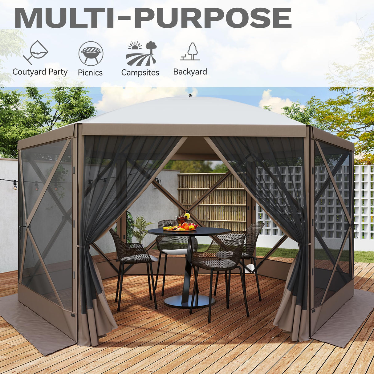 DWVO Gazebo Screen Tent, 12x12ft Instant Outdoor Portable Camping Screen House Canopy 6 Sided w/Mesh Windows & Carry Bag for Patio, Camping, Backyard, Brown DWVO