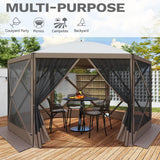 DWVO Gazebo Screen Tent, 12x12ft Instant Outdoor Portable Camping Screen House Canopy 6 Sided w/Mesh Windows & Carry Bag for Patio, Camping, Backyard, Brown DWVO