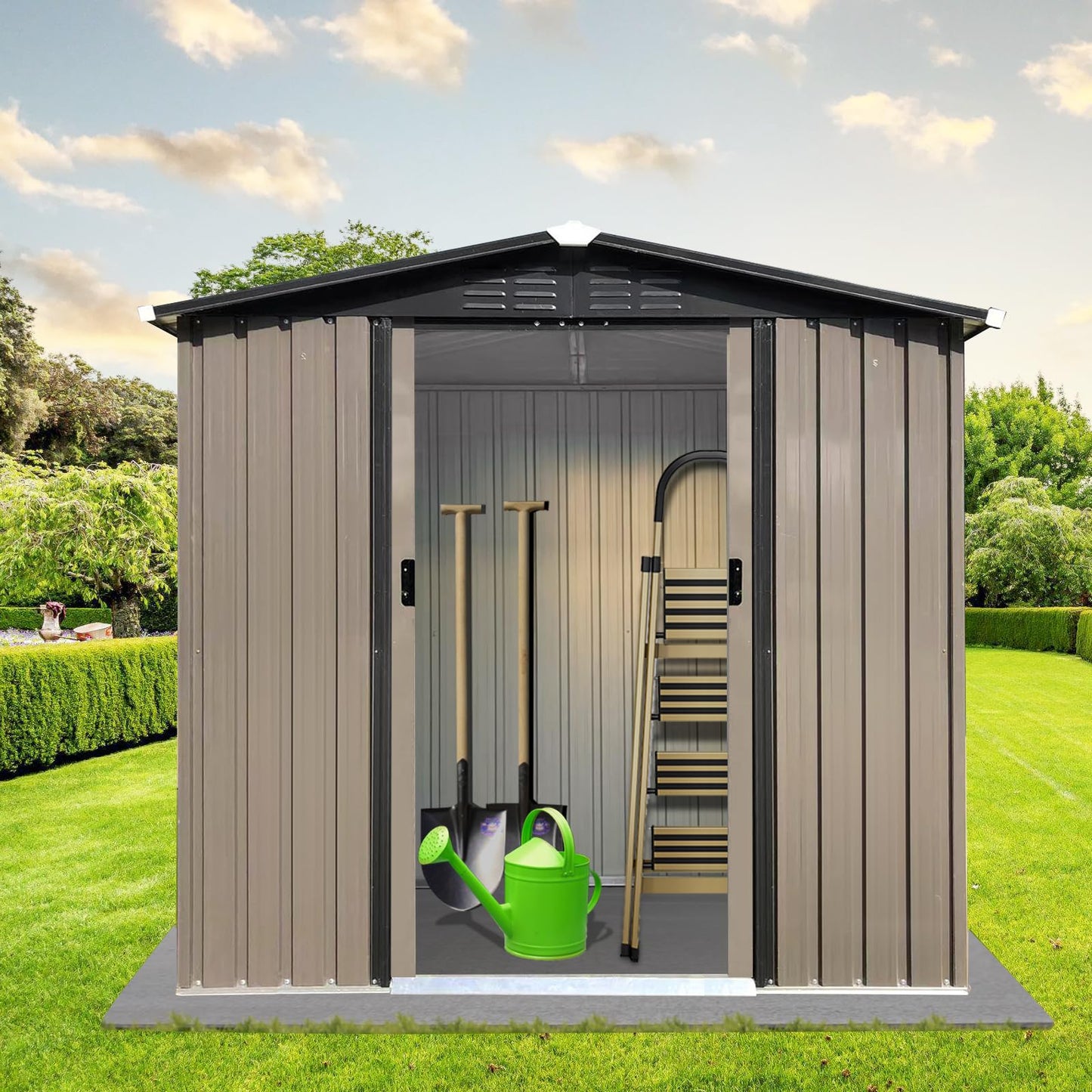 Zevemomo 6 x 4 ft Outdoor Storage Shed, All Weather Metal Sheds with Metal Foundation & Lockable Sliding Doors, Tool Sheds for Garden, Patio, Backyard, Lawn, Brown