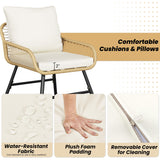 Yaheetech 4 Piece Patio Furniture Set, Outdoor Wicker Conversation Sets, Boho Loveseat & 2 Armchairs with Cushion and Pillow, Glass Top Table for Backyard, Porch, Balcony, Deck - Tan/Cream Yaheetech