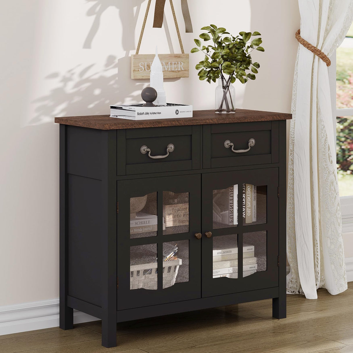 ChooChoo Farmhouse Sideboard Buffet Cabinet with Storage, Coffee Bar Cabinet with Glass Doors, Entryway Cabinet for Kitchen, Living Room, Black ChooChoo