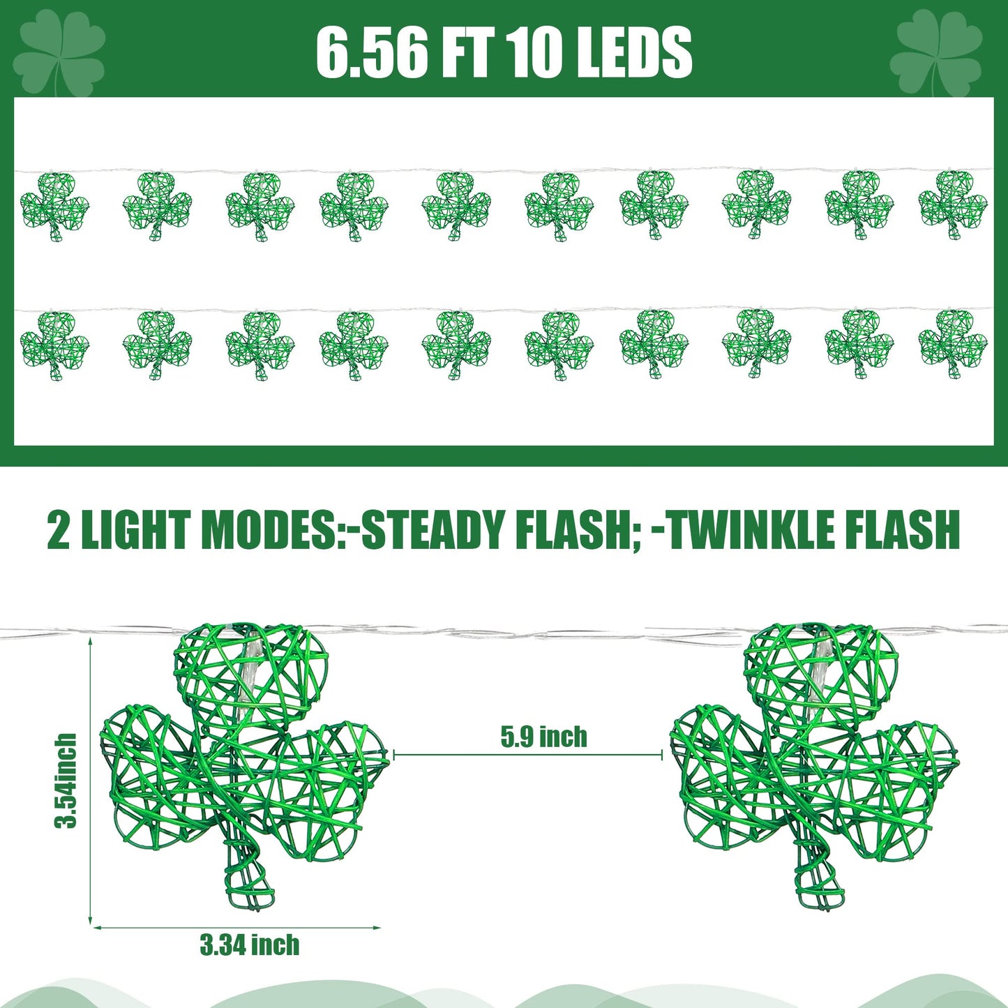 Ceoighe St Patrick's Day Shamrock Decoration String Light, 3D Handmade Rattan LED Clover String Light, Battery Operated Irish Fairy Light for Indoor Bedroom Party in St Patrick's Day (1 Pack,6.56 FT)