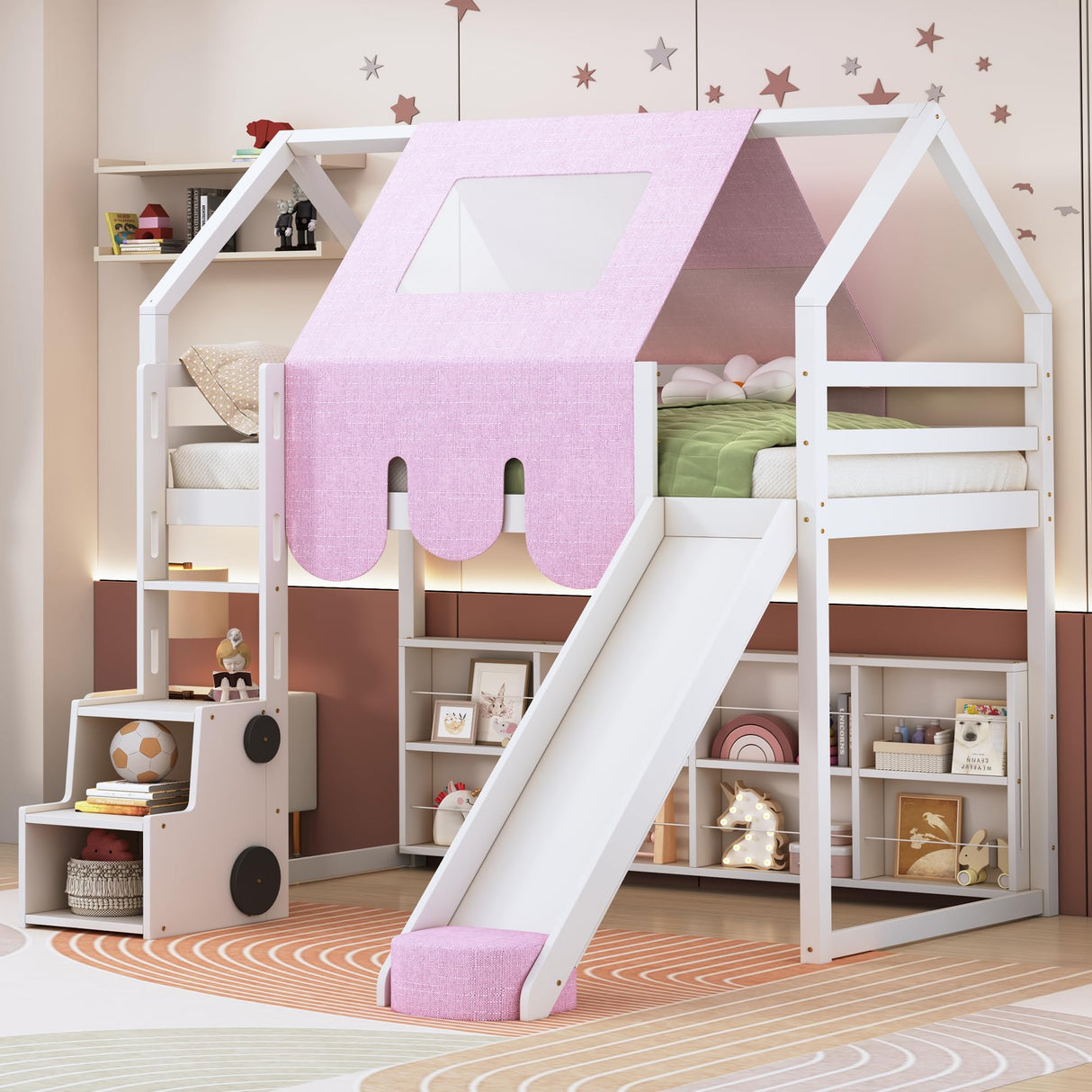 SOFTSEA Twin House Loft Bed with Stairs and Slide, Wooden House Loft Bed with Storage Shelves, Stairway Playhouse Bed with Roof Tent and Ladder for Kids Boys Girls, No Box Spring Needed, Pink White SOFTSEA