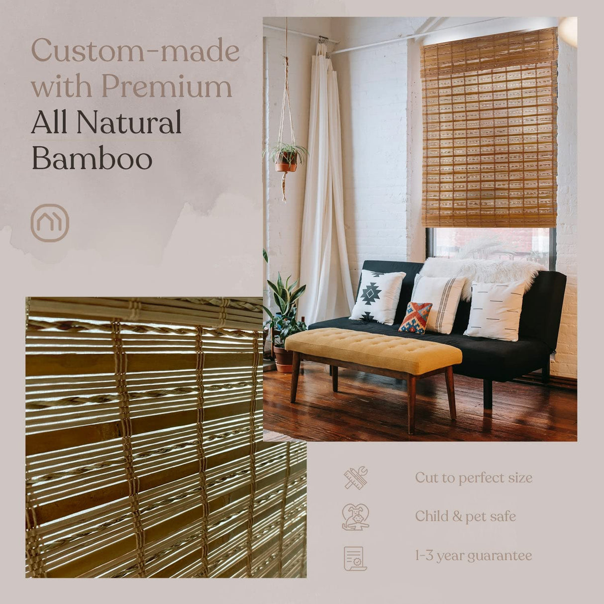 MOOD Custom Bamboo Shades | TWIRL | Cordless Bamboo Roman Shades for Windows and Doors (Natural Woven) | Maple Twirl (Sheer) | Custom Size Mood