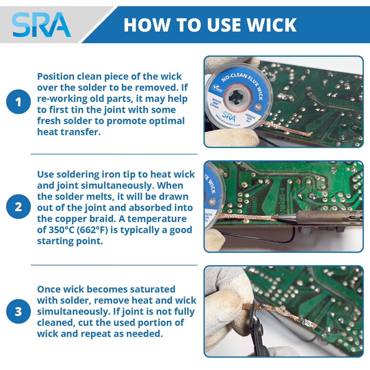 SRA Soldering Wick with Flat Woven Copper Desoldering Braid Strip and No Clean Flux for Easy Damage-Free Solder Removal - 3 Pack 10 Foot Solder Wick Spool SRA Soldering Products