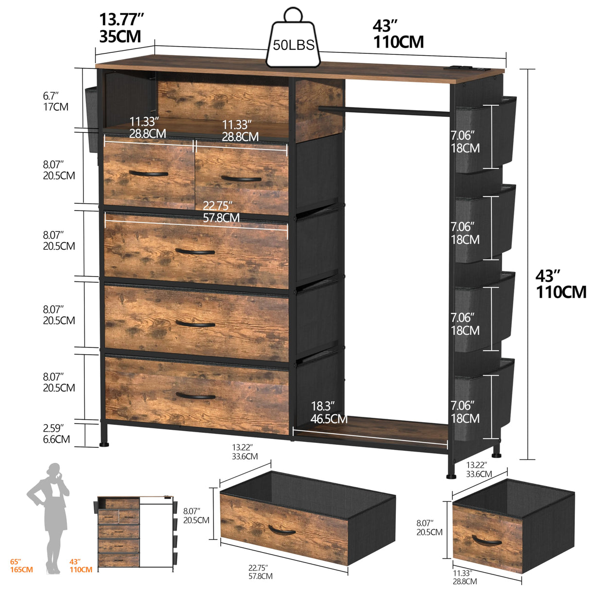Espelism Dresser for Bedroom with Clothes Rack & Side Pockets 5 Drawer Dresser with Charging Station & LED Lights Black Storage Chest of Drawers for Hallway Closet Sturdy Steel Frame Wood Top (Brown) Espelism
