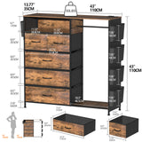 Espelism Dresser for Bedroom with Clothes Rack & Side Pockets 5 Drawer Dresser with Charging Station & LED Lights Black Storage Chest of Drawers for Hallway Closet Sturdy Steel Frame Wood Top (Brown) Espelism