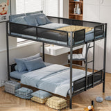 PVWIIK Queen Over Queen Metal Bunk Bed with Storage Drawers for Dorm,Bedroom,Guest Room,Heavy Duty Bunk Bed w/Ladder & Full Length Guardrail for Kids,No Box Spring Needed, Black PVWIIK
