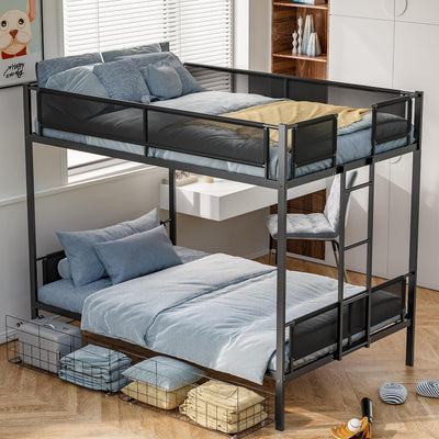 PVWIIK Queen Over Queen Metal Bunk Bed with Storage Drawers for Dorm,Bedroom,Guest Room,Heavy Duty Bunk Bed w/Ladder & Full Length Guardrail for Kids,No Box Spring Needed, Black