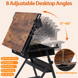 Nouva Adjustable Drafting Table Drawing Table w/Power Outlets (2AC, USB, Type-C), Multifunctional Tilting Art Craft Artists Desk w/Stool, 2 Drawer for Home Office, Rustic Brown Nouva