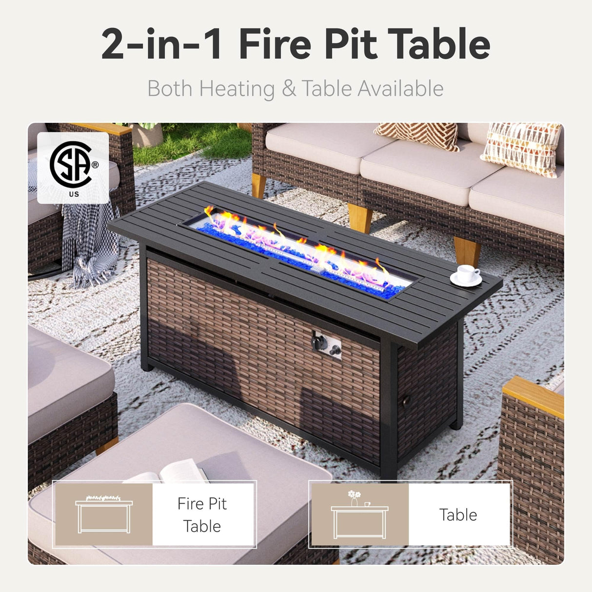 GREEN PARTY 7 Pieces Wicker Patio Furniture Set with 56" Fire Pit Table, All-Weather Outdoor Rattan Patio Half-Moon Curved Sectional Sofa Conversation Set for Garden, Backyard GREEN PARTY