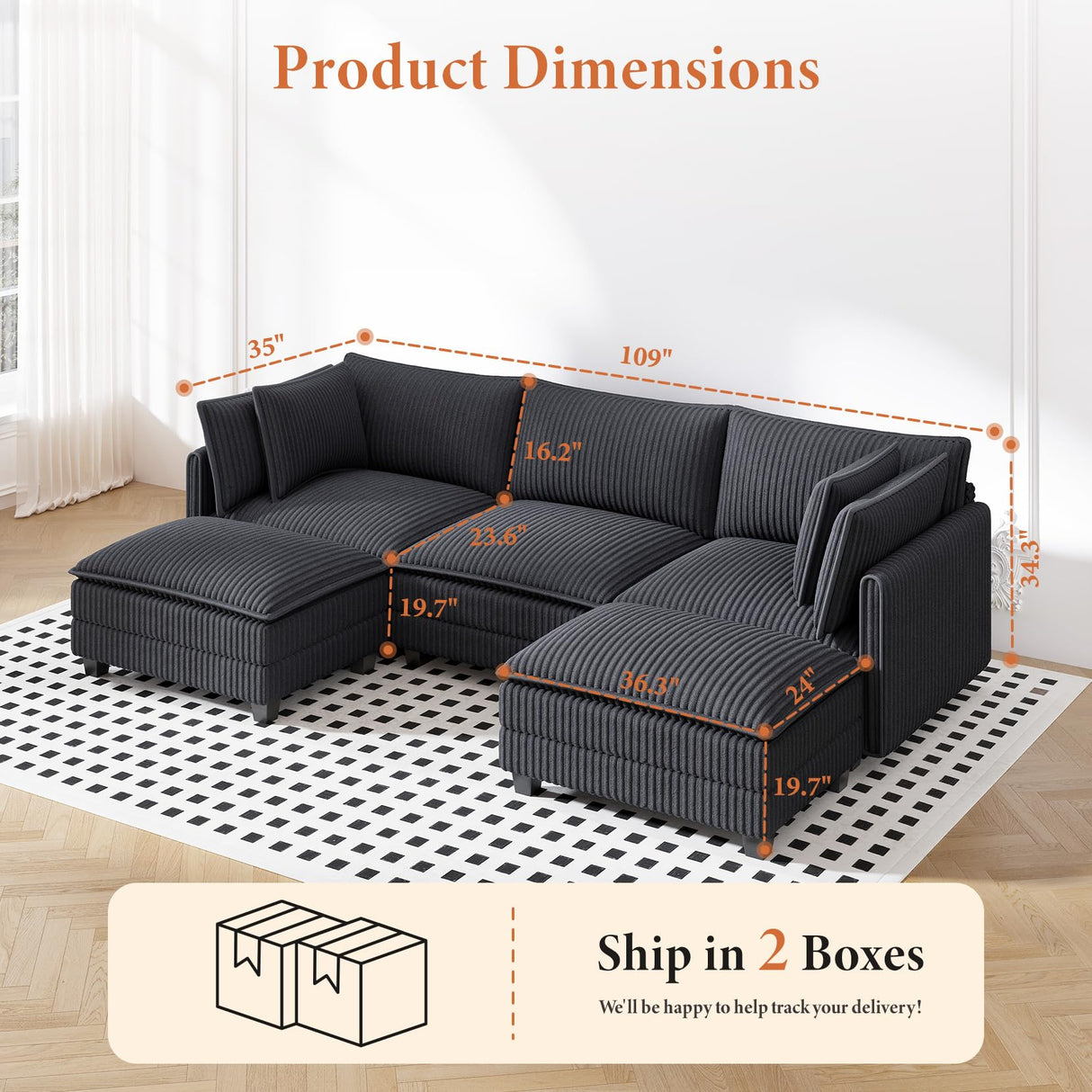Vesgantti 109" U Shaped Cloud Sectional Sofa, Comfy Corduroy Upholstered Sectional Modular Sofas for Living Room, Modern Modular Couch with 2 Ottoman Deep Seat, Dark Grey Vesgantti