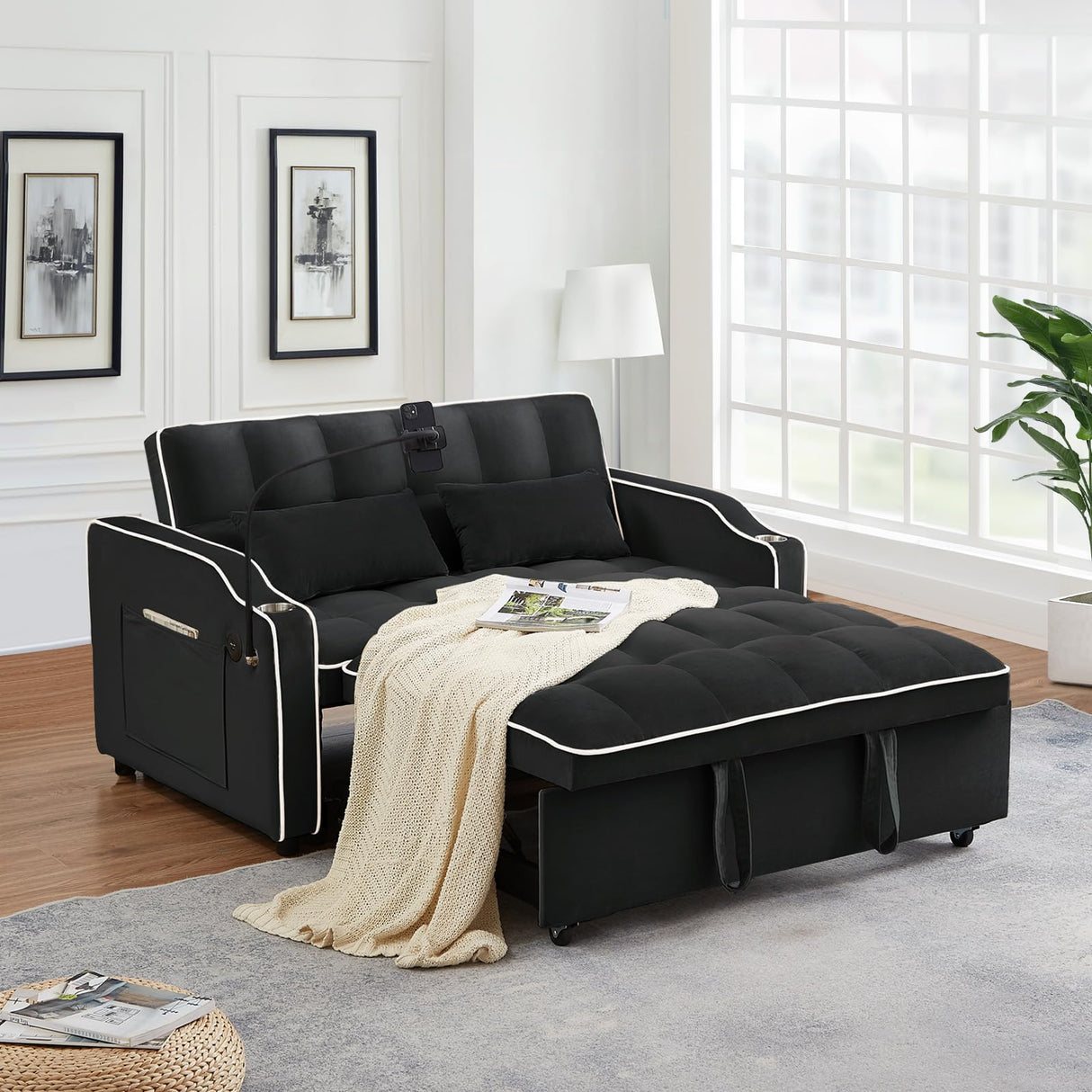 Pull Out Sofa Bed with Phone Holder, Convertible Velvet Loveseat Sleeper with 2 USB Charging Ports, Modern Futon Couch with Cup Holders and Adjustable Backrest, Small Love Seat for Living Room, Black KINFFICT