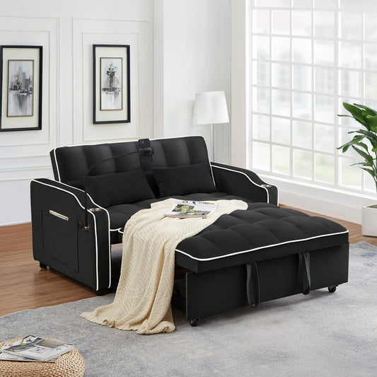 Pull Out Sofa Bed with Phone Holder, Convertible Velvet Loveseat Sleeper with 2 USB Charging Ports, Modern Futon Couch with Cup Holders and Adjustable Backrest, Small Love Seat for Living Room, Black