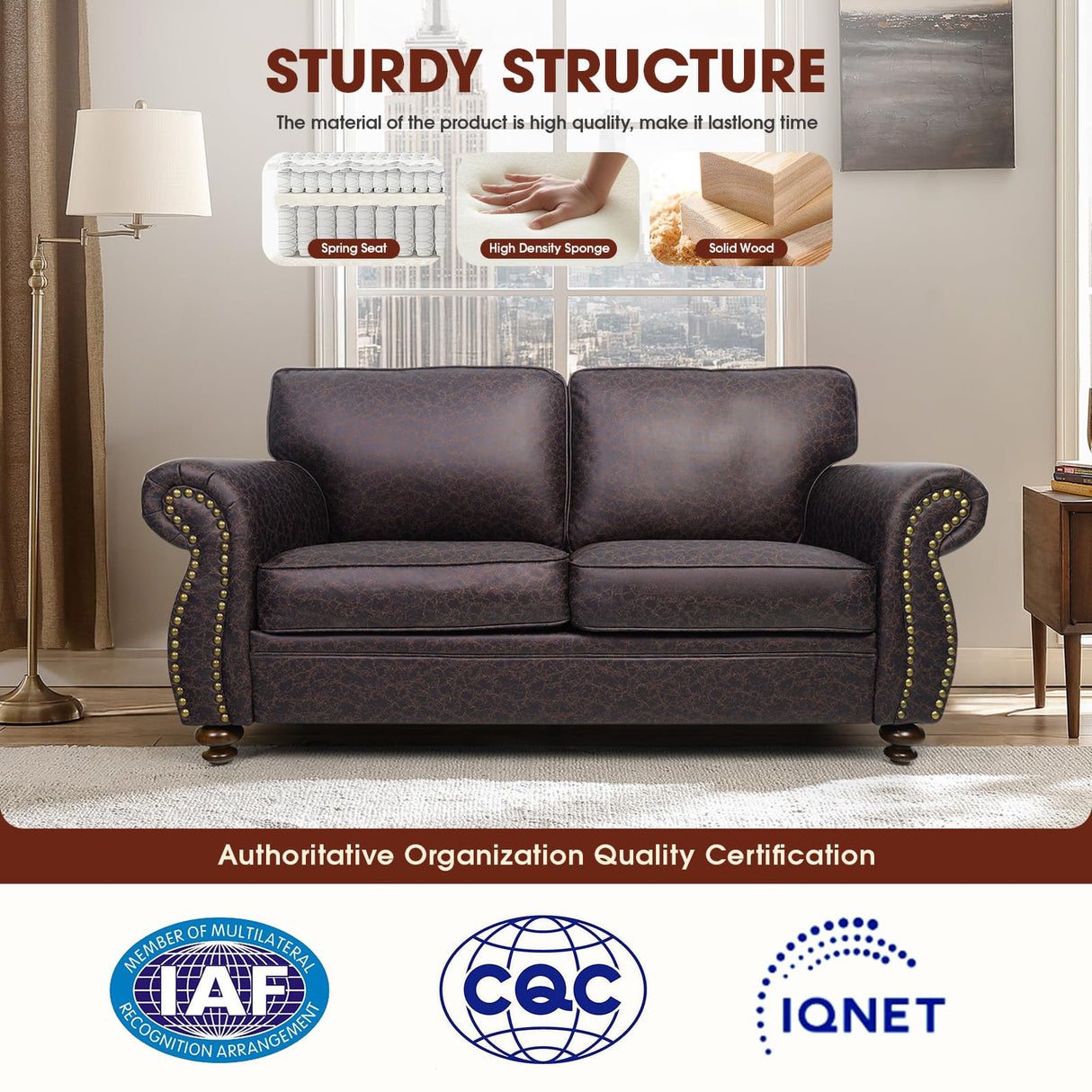 Couchus Mid-Century Vintage Sofa Couches with Rivet Design,loveseat Sofa,Removable Sofa Cover Upholstered Cushions and Solid Wood Frame (Brown, Loveseat) Couchus