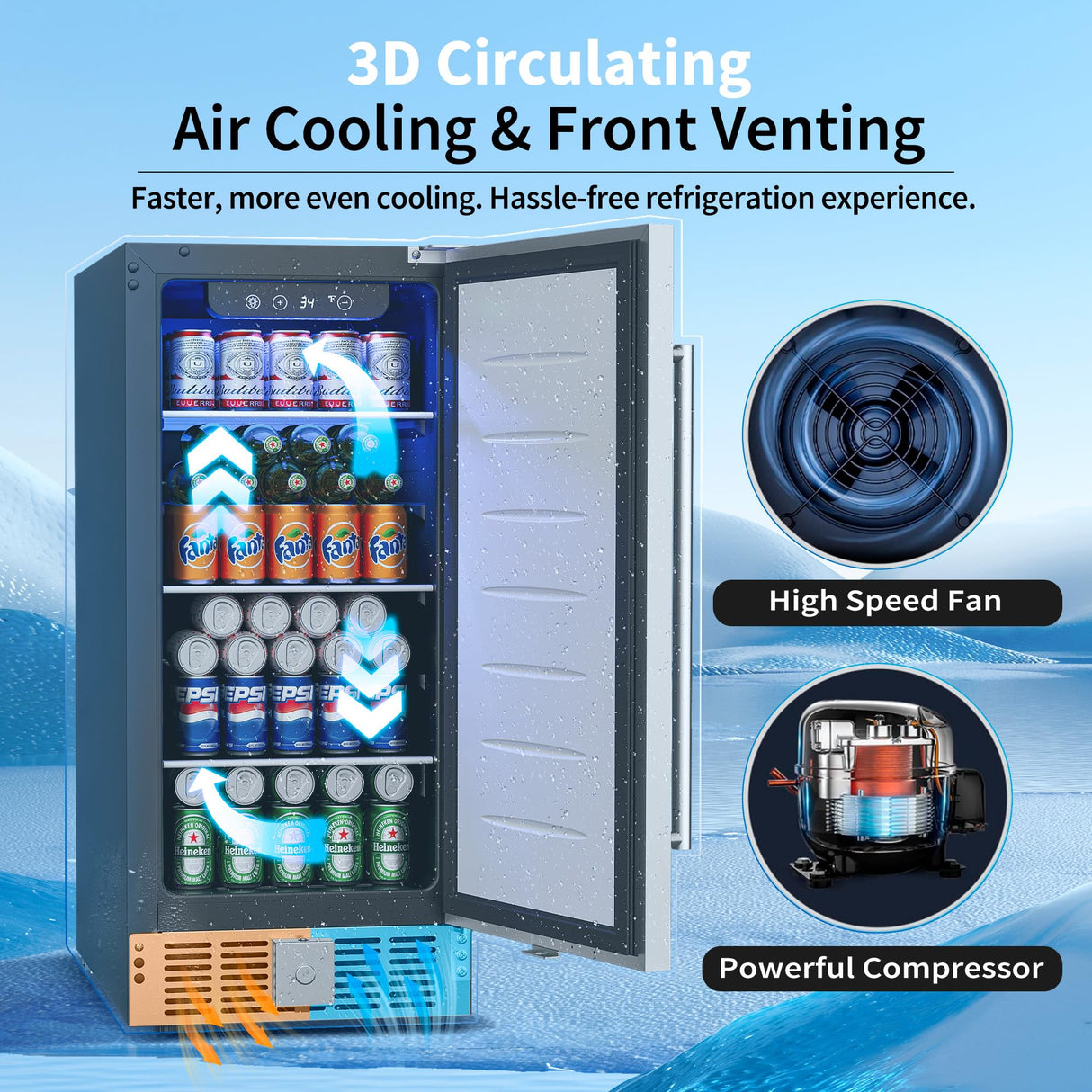 Feelfunn 15 Inch Undercounter Beverage Refrigerator - 126 Cans Beverage Fridge with Stainless Steel Door for Beer Wine Soda - Built-in or Freestanding Wine Cooler for Home Kitchen Bar Outdoor Feelfunn