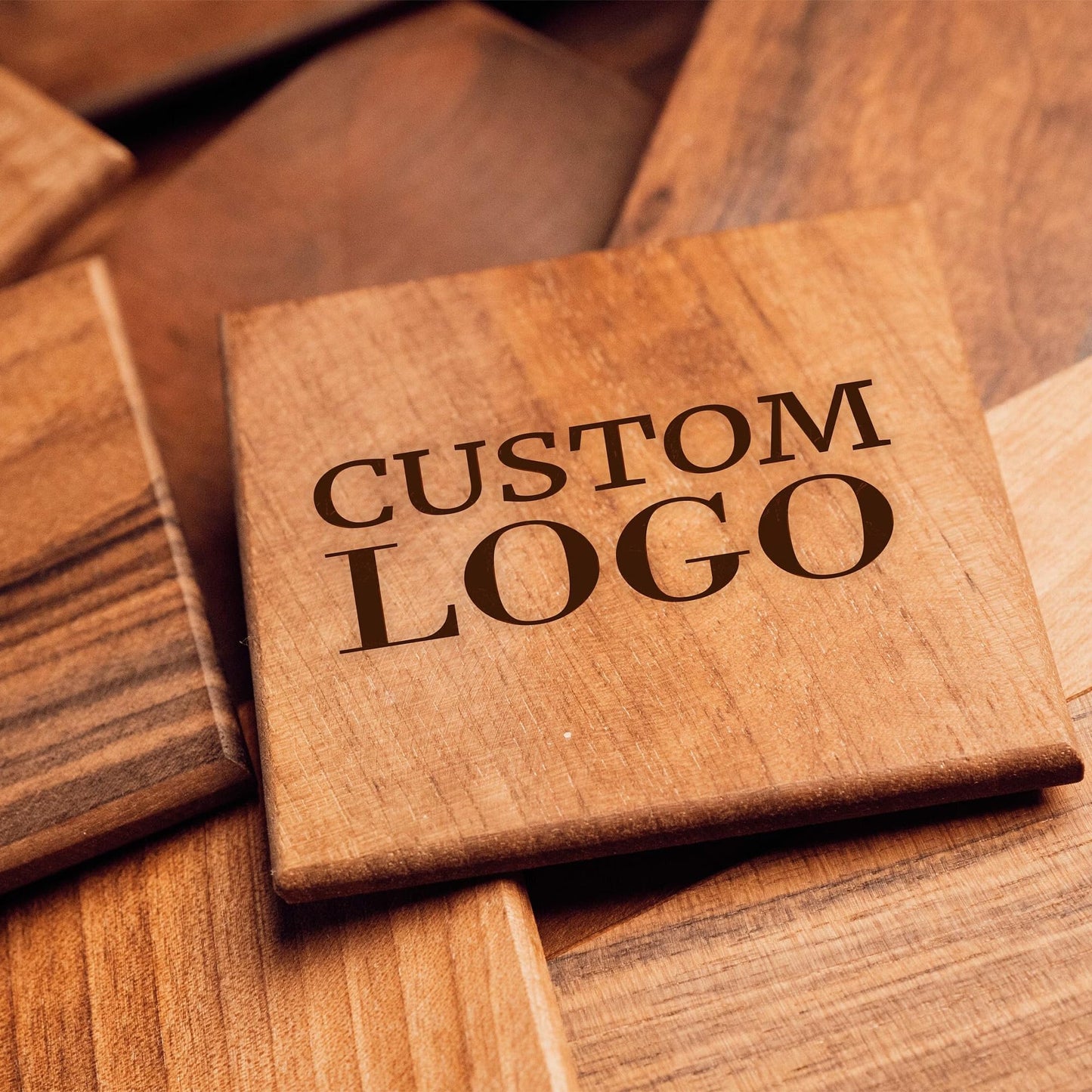 Logo Wooden Coaster, Engraved Wood Coaster, Custom logo Coaster, Walnut Wood Coaster, Business Gift, Corporate Gift, Office Table Decor (4" (10 cm) Square) - WoodArtSupply