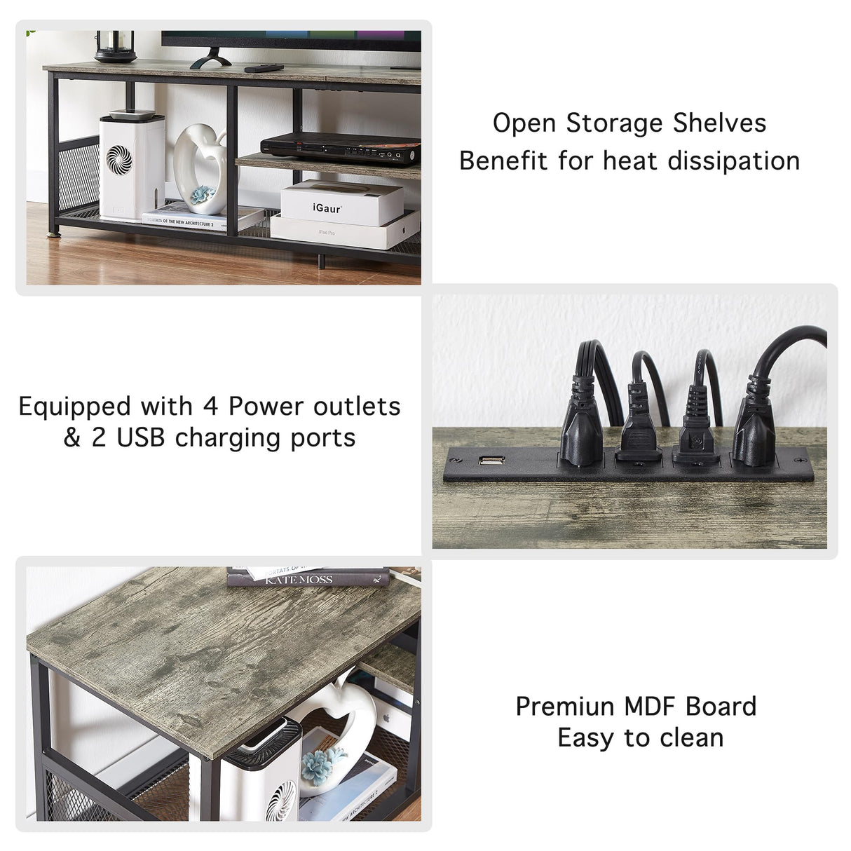 VECELO TV Stand with Power Outlets for Televisions up to 80Inch, 70" Media Entertainment Center with Charging Station 3-Tier Open Storage Shelves with Metal Frame for Living Room/Bedroom，Grey VECELO