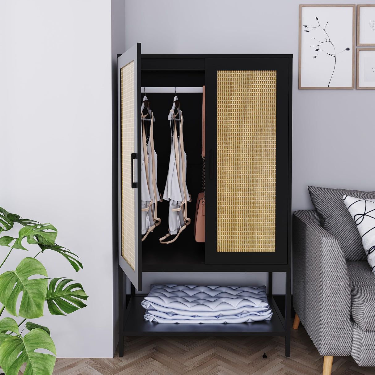 BOCVKENN Wardrobe Closet,Rattan Bedroom Armoires with 2 Doors,Wooden Wardrobe Cabinet with Shelves and Hanging Rod for Clothes,Black BOCVKENN