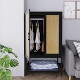BOCVKENN Wardrobe Closet,Rattan Bedroom Armoires with 2 Doors,Wooden Wardrobe Cabinet with Shelves and Hanging Rod for Clothes,Black BOCVKENN