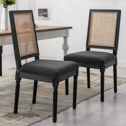 Guyou Black Farmhouse Dining Chairs Set of 2, Upholstered Dining Room Chairs with Rectangular Rattan Back French Country Accent Chair with Distressed Wood Frame for Kitchen Living Room (Beige - WoodArtSupply