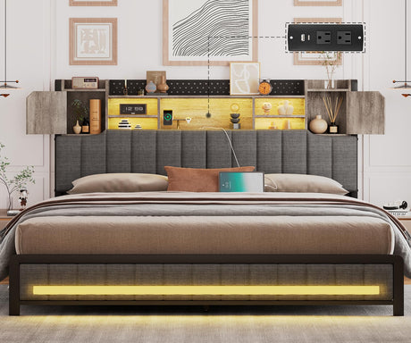 CSZZD King Size Upholstered Bed Frame with Storage Headboard, LED Lights, and Charging Station in Oak Gray CSZZD