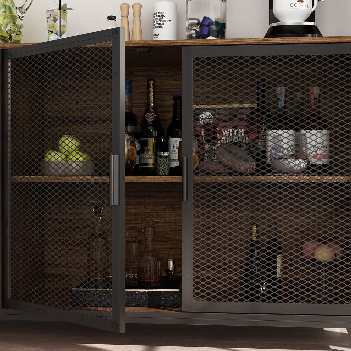 ECACAD Industrial-Style Brown Wood Sideboard Buffet with Hutch, Metal Mesh Doors, and Versatile Storage Solutions ECACAD