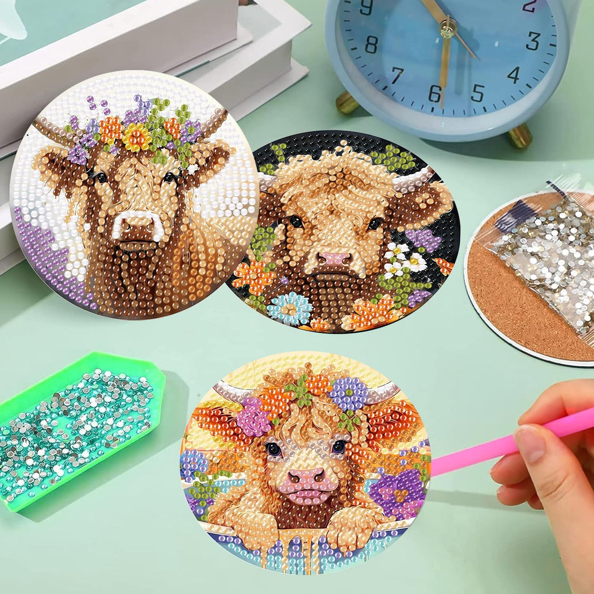 8 Pack Diamond Art Coasters Kits - Highland Cow Diamond Painting Coasters Kit Set with Holder Cork Pads, DIY Cow Diamonds Art Non Slip Coaster Crafts Kits for Adults Beginners Gifts mrpwnle