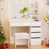 ANWBROAD Makeup Vanity Desk with Lighted Mirror & Power Outlet 35.4" Vanity Table Set with Glass top 5 Drawers Shelves Small Modern Dressing Table 3 Lighting Colors Stool Bedroom White Girls UBDT74W ANWBROAD