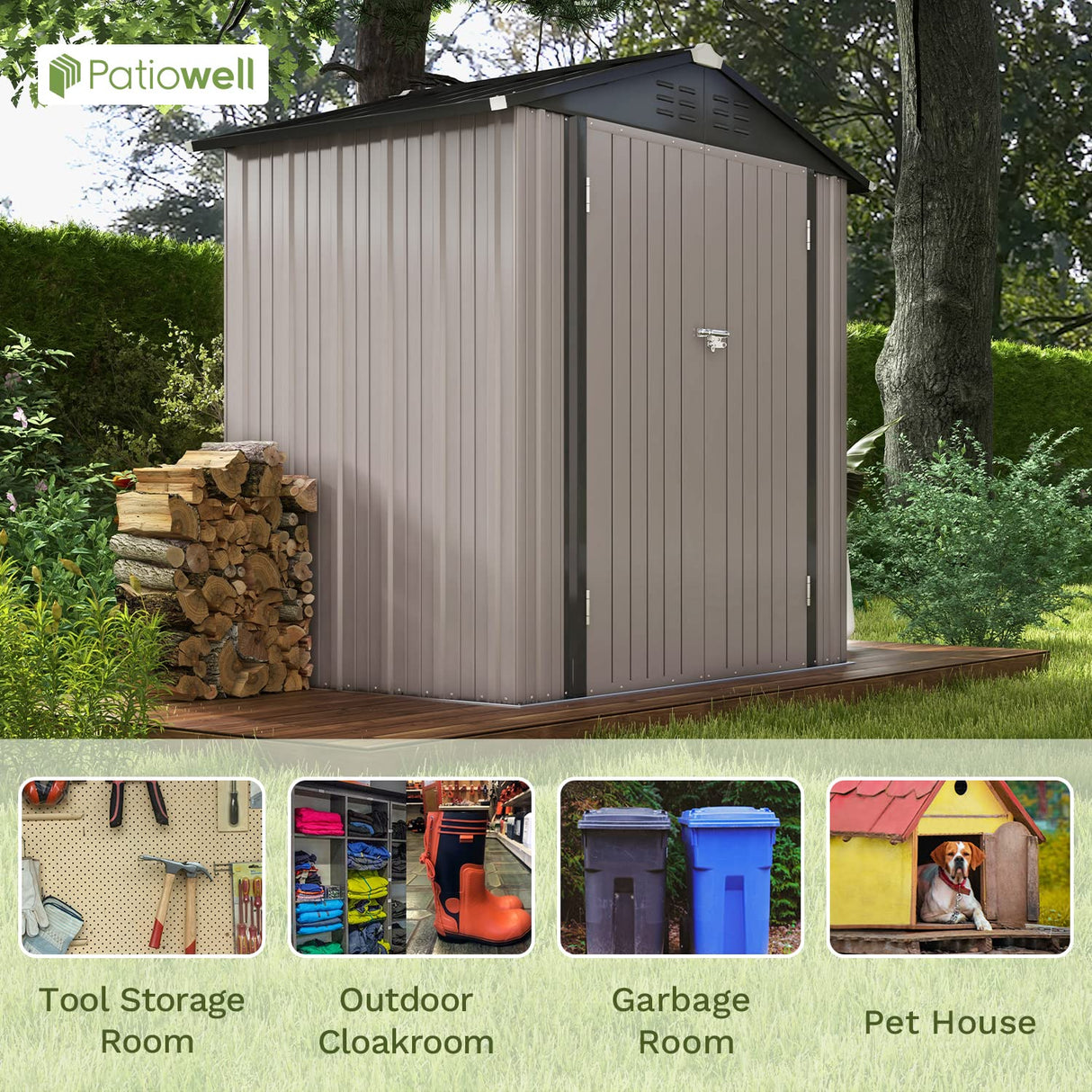 Patiowell 6x4 FT Outdoor Storage Shed, Garden Tool Storage Shed with Sloping Roof and Double Lockable Door, Outdoor Shed for Garden Backyard Patio Lawn, Brown Patiowell