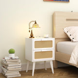 YAUKOMEL Rattan Nightstand, Wood End Table, Side Table with 2 Hand Made Rattan Decorated Drawers,Boho Bedside Table,Wood Accent Table with Storage for Livingroom, Bedroom, White CTG59W YAUKOMEL