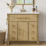 IRONCK 36" Bathroom Vanity with Sink, Freestanding Bathroom Sink Cabinet with 4 Drawers & 1 Flip-Down Drawer, Wood Grain Texture, Metal Handle, Farmhouse IRONCK