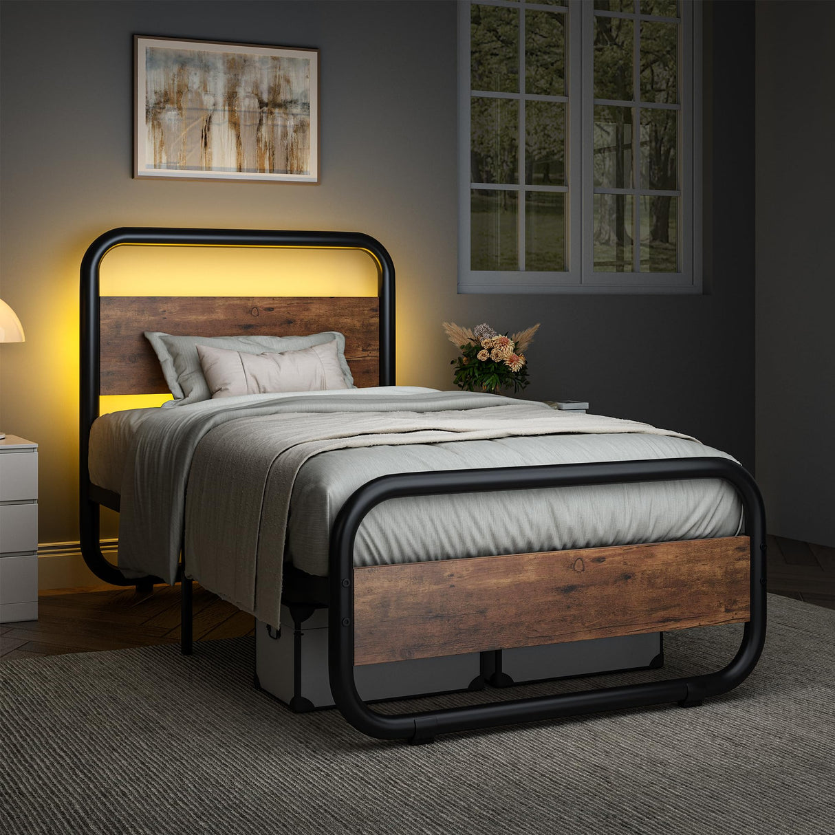 Catrimown Rustic Brown Twin Bed Frame with LED Headboard - Heavy Duty Metal Platform Design Catrimown