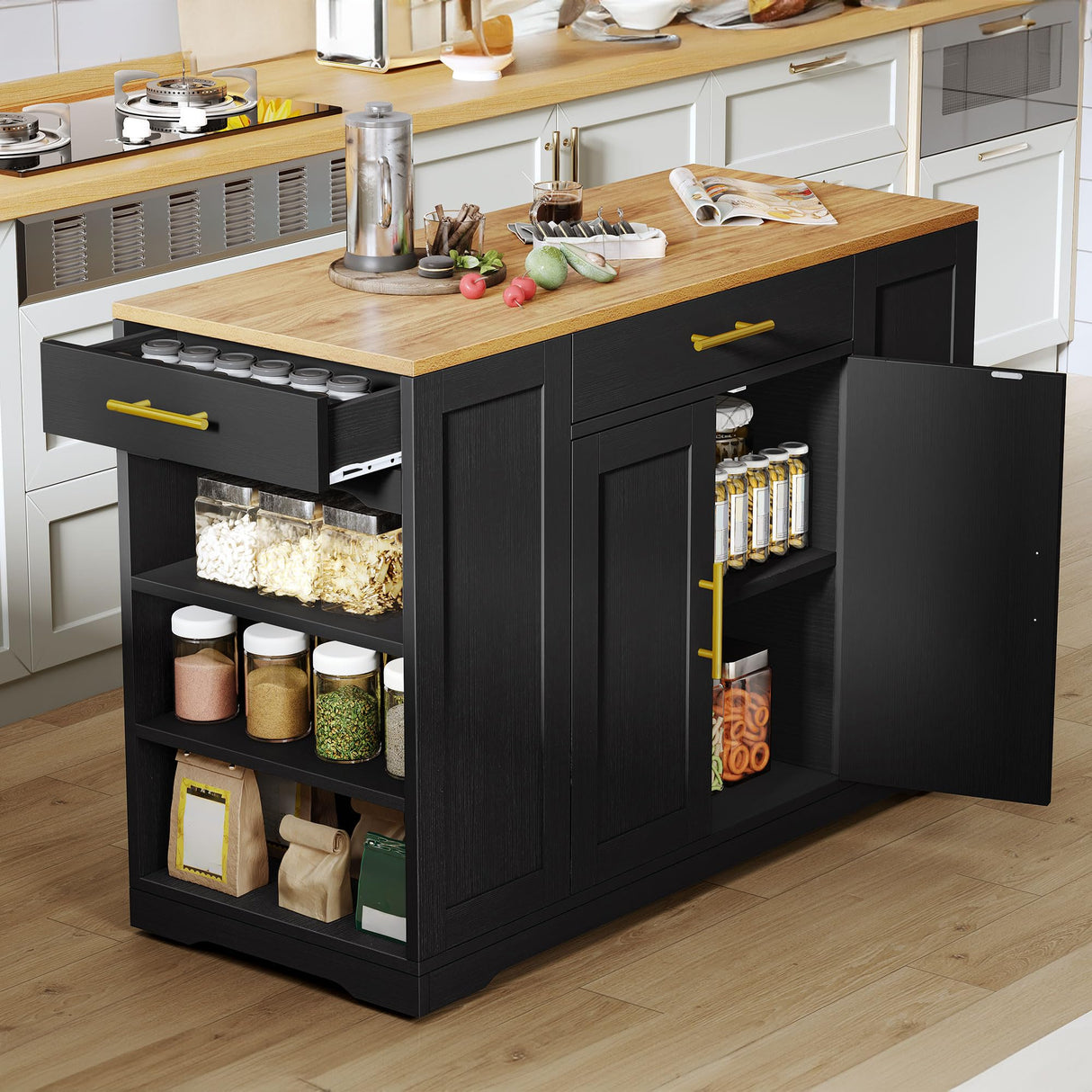 DWVO Large Kitchen Island with Trash Can Storage Cabinet, 53 Inch Portable Kitchen Island with Storage, Long Rolling Island Table Cabinet for Kitchen on Wheels for 13 Gallon Garbage Bin, Black DWVO