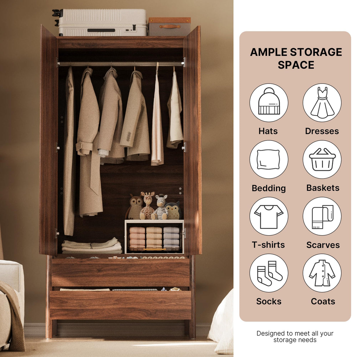 MAISONARIA Wardrobe with 2 Doors and 2 Drawers, 70.9”H Modern Walnut Bedroom Armoire Closet with Hidden Handles, Freestanding Wooden Storage Cabinet for Clothes and Essentials MAISONARIA