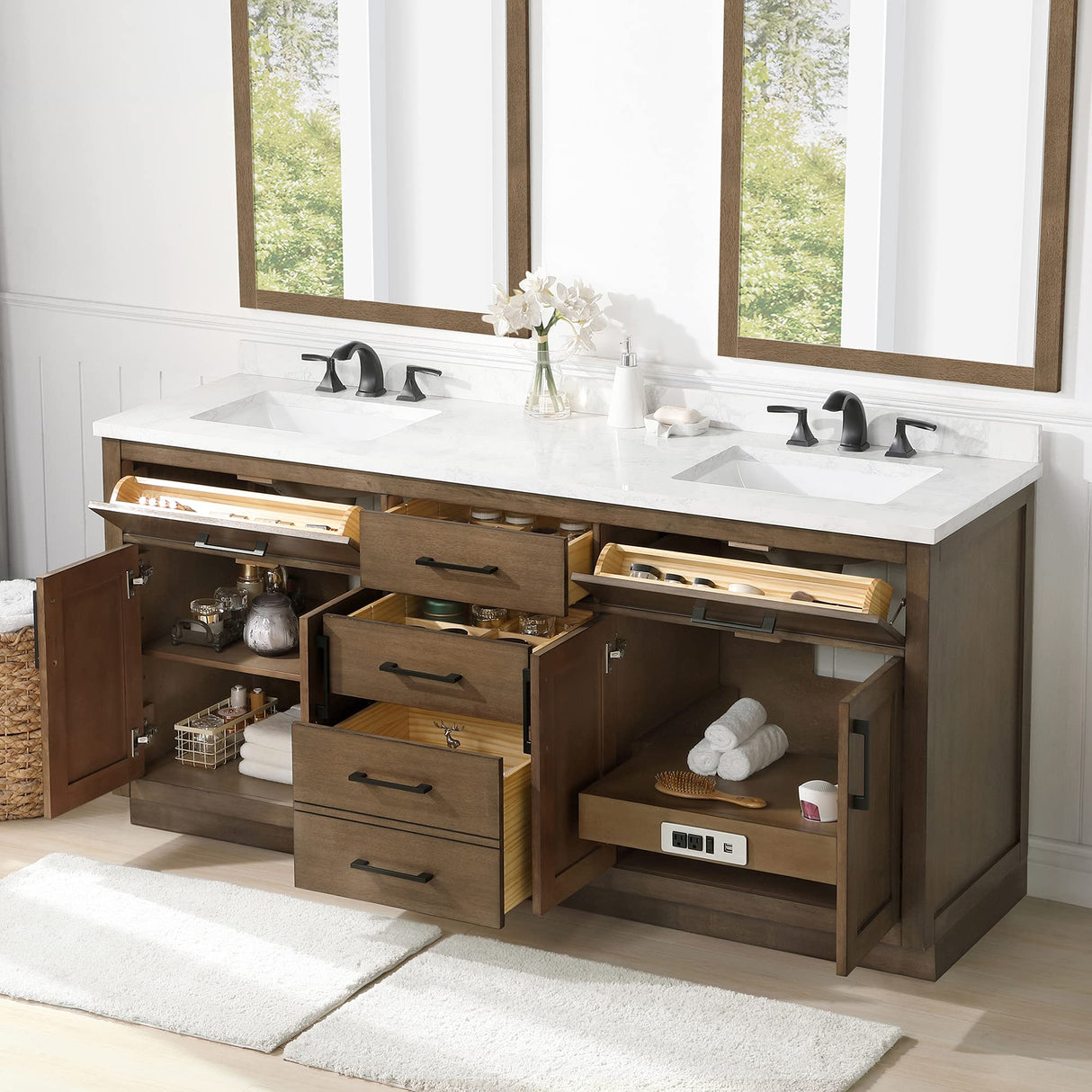 OVE Decors Maya Plus 72 in. Double Sink Bathroom Vanity in Almond Latte Finish, Black Hardware and Included Power Bar OVE Decors