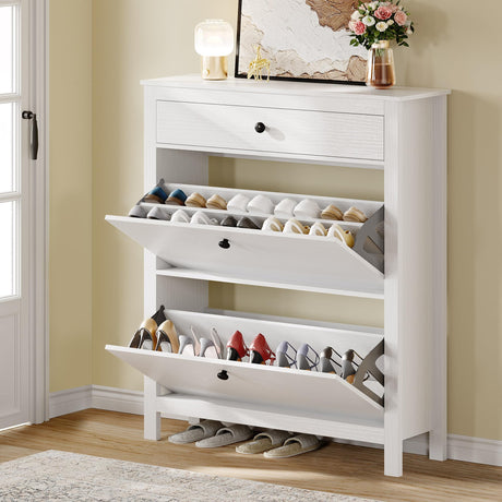 DWVO Narrow Shoe Cabinet with 2 Flip Drawer Slim White Shoe Storage Cabinet with Drawer, Adjustable or Removable Hidden Shoe Rack Free Standing Shoe Cabinet Organizer for Entryway, Hallway DWVO