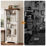 HOTLUU 5-Tier Farmhouse Bookshelf, 61.1 inch Tall Bookcase with Storage & Unique Design & One Adjustable Shelf, Wooden Bookshelf for Study Room, Living Room, Home Office, Bedroom (White) HOTLUU