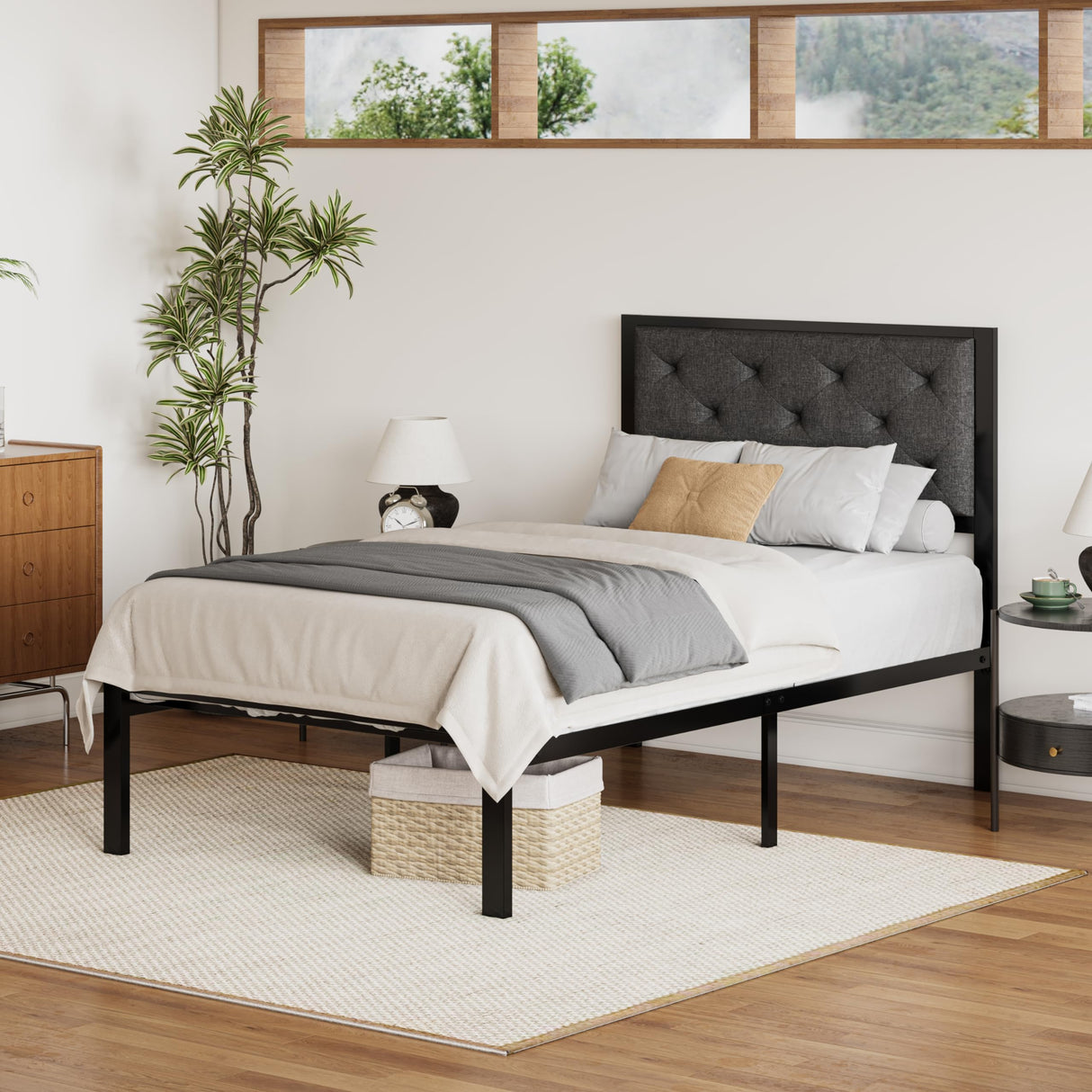 SHA CERLIN Twin Size Metal Platform Bed Frame,Linen Upholstered Button Tufted Headboard, Mattress Foundation with 12.4” Under-Bed Storage, Noise-Free, Easy Assembly, No Box Spring Needed, Dark Grey SHA CERLIN