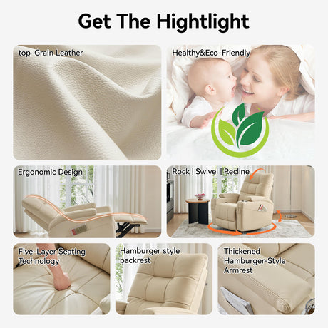 AIRSKY Leather Recliner Chair, Swivel Rocker Recliner Chair, Rocking Chair Nursery, Glider Rocking Chair with Thick Cushion, Oversize Glider Rocking Chair, Nursery Chair with High Back, R2, Beige AIRSKY